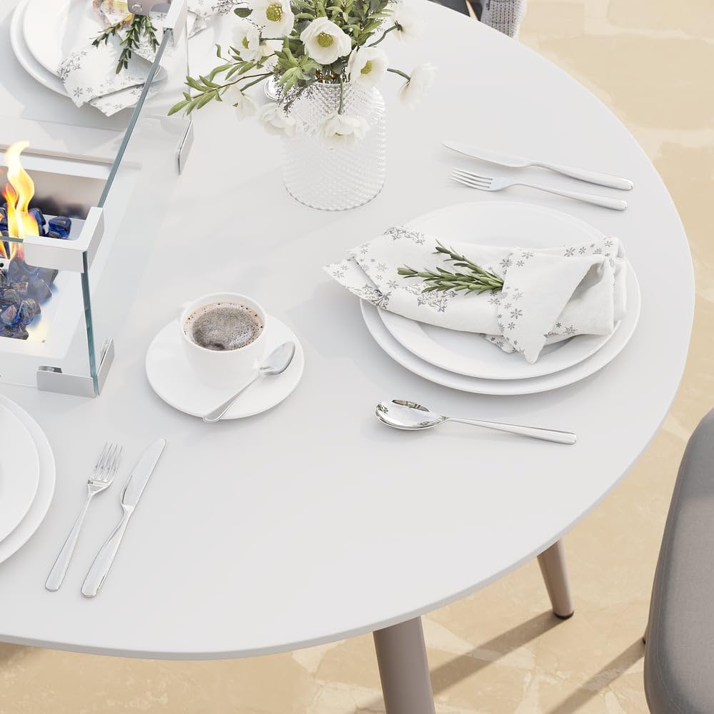 7-Piece Outdoor Dining Set with Oval Propane Fire Pit Table & Rope Woven Armchairs, Aluminum Frame, Cushions for Patio and Outdoor Dining