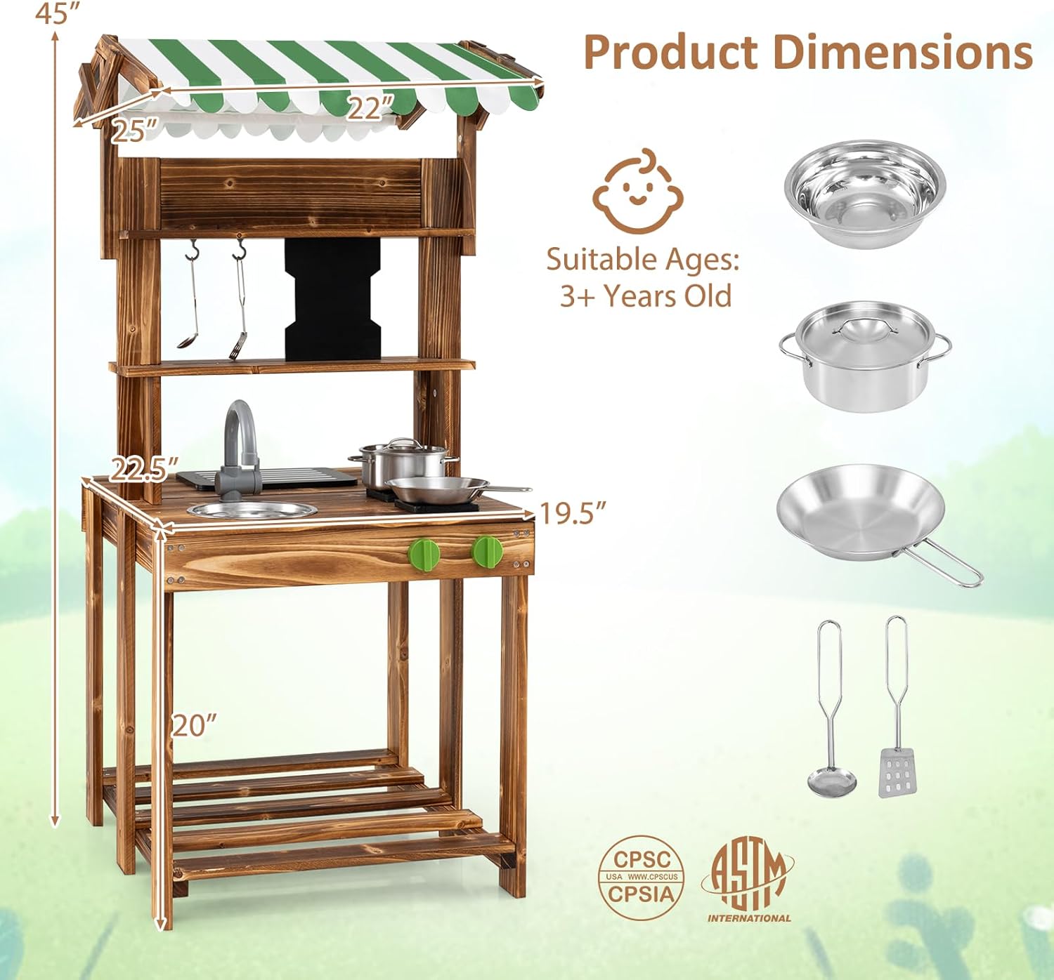 Costzon Mud Kitchen, Double-Sided Outdoor Play Kitchen & Barbecue Grill Playset with Canopy, Chalkboard, Sink & Faucet, Cooking Accessories, Gift for Boys & Girls 3+ (Double-Sided)