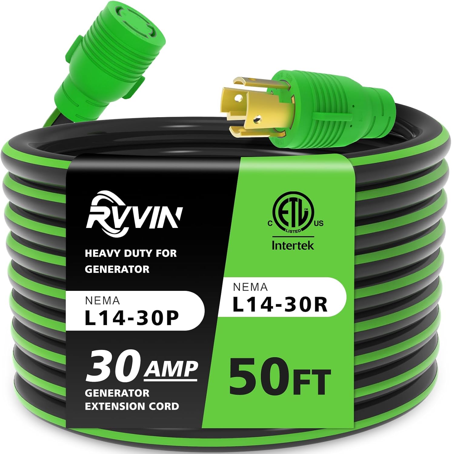 4 Prong 30 Amp Extension Generator Cord 50FT, NEMA L14-30P/L14-30R Standard Plug, 125/250 Volt Up to 7500 Watts, Twist Lock Power Cord for Manual Transfer Switch (Black&Green)