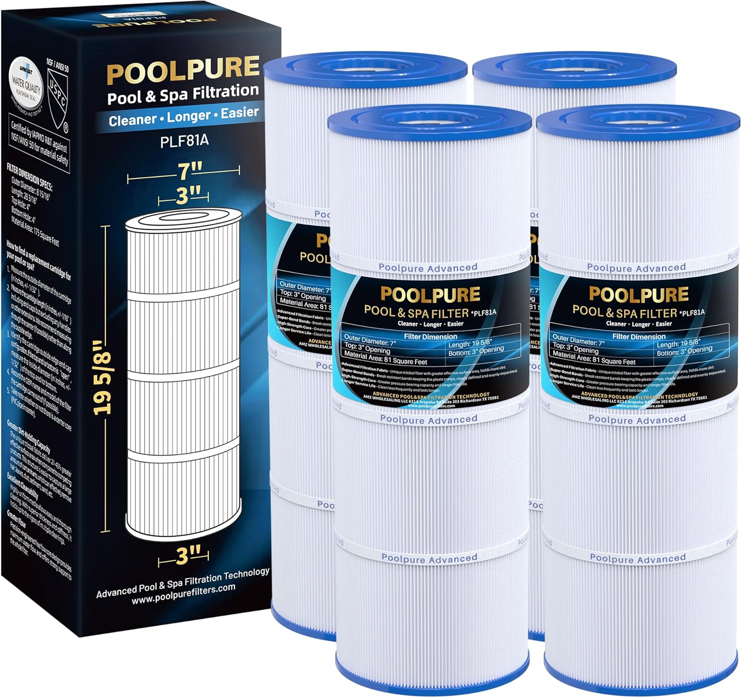 POOLPURE CX580XRE Pool Filter Replaces Hayward C580E, PA81-PAK4, Ultral-A3, Unicel C-7483, Hayward SwimClear C3020, C3025, C3030, Filbur FC-1225, FC-6425,4 X 81 sq. ft.Cartridge,L x OD: 19 5/8