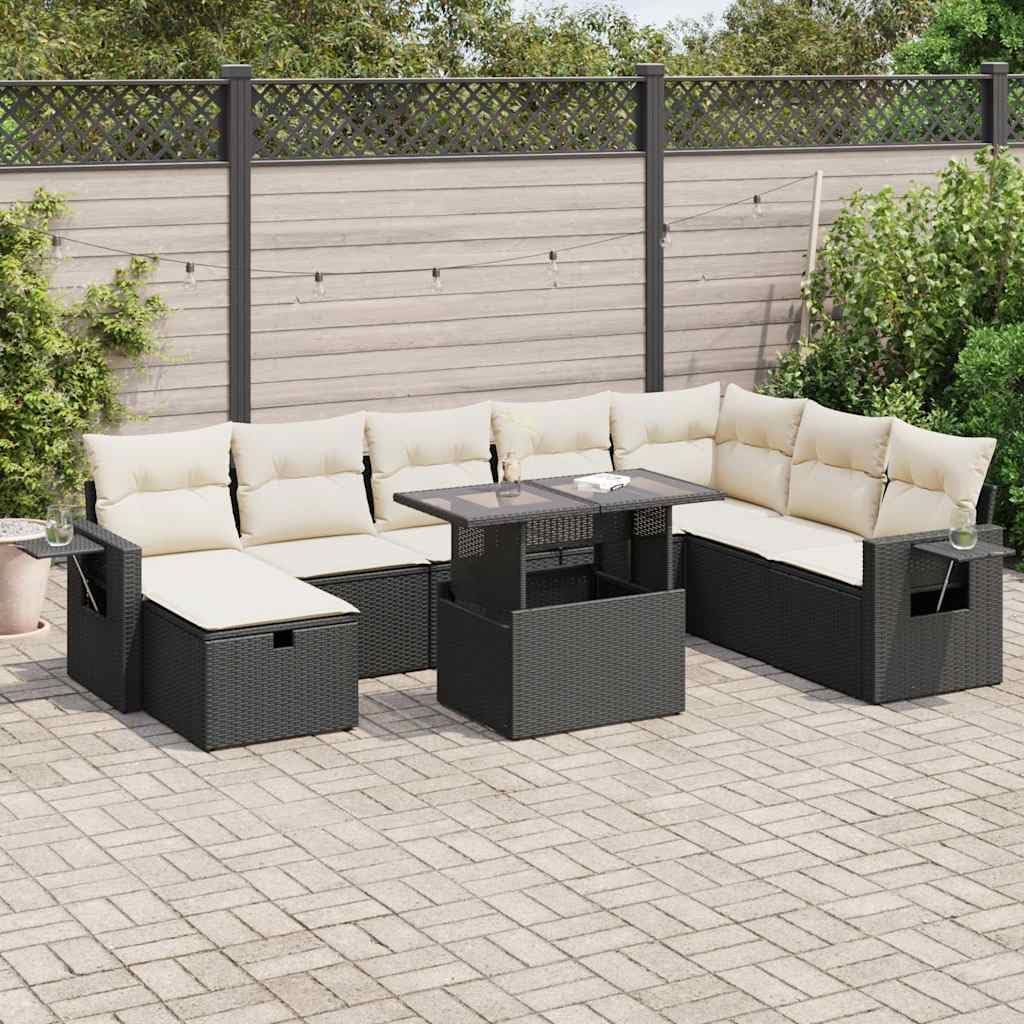 9-Piece Garden Sofa Set in Black and Cream White, Modern Outdoor Furniture with Weather-Resistant PE Rattan and Comfortable Cushions for Patio, Terrace, or Balcony, Featuring