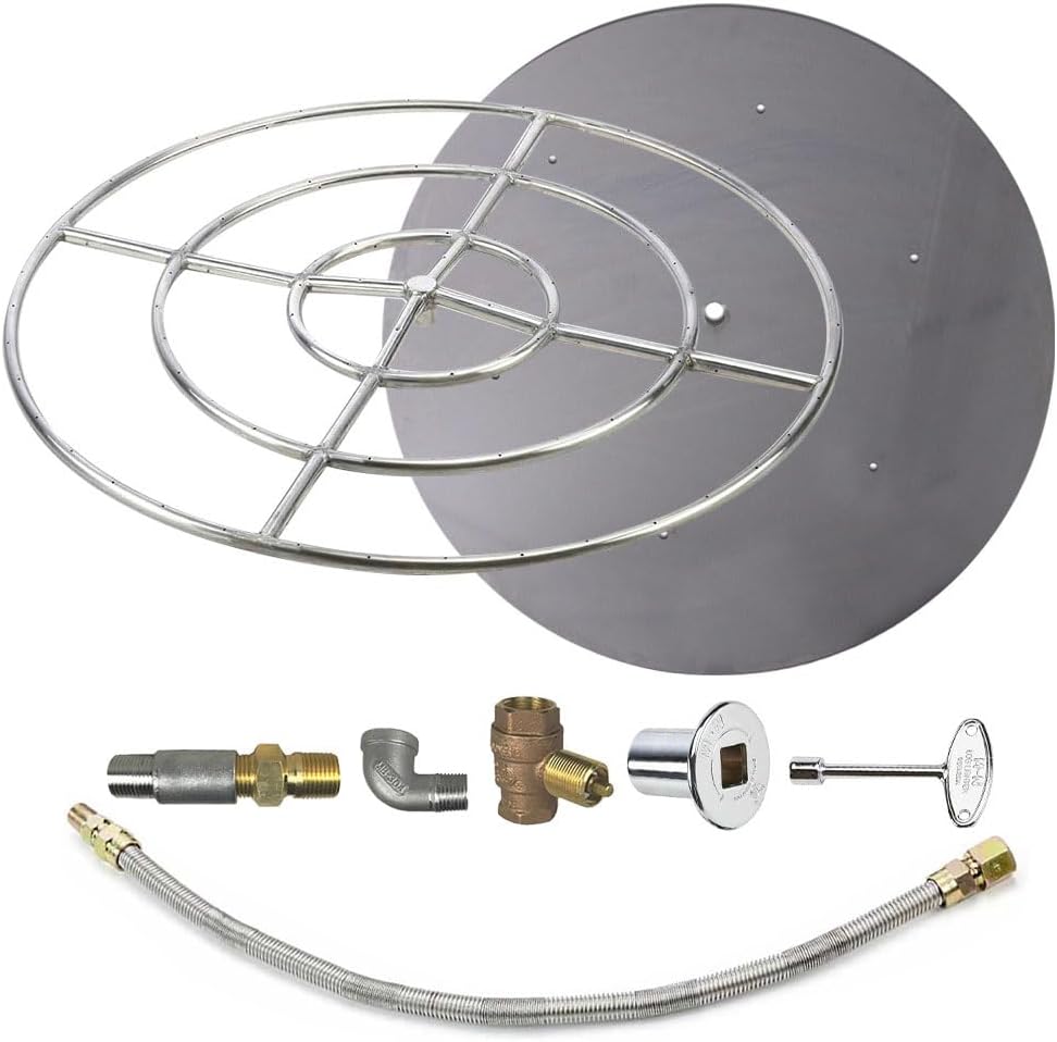 HPC Match Lit Fire Pit Burner Kit (FPS48HCKIT-PAN-LP-MSCB), Round, 48-Inch Burner, 54-Inch Flat Pan, Natural Gas, Polished Chrome, with Flange, Key, Valve, Flex Line and Fittings