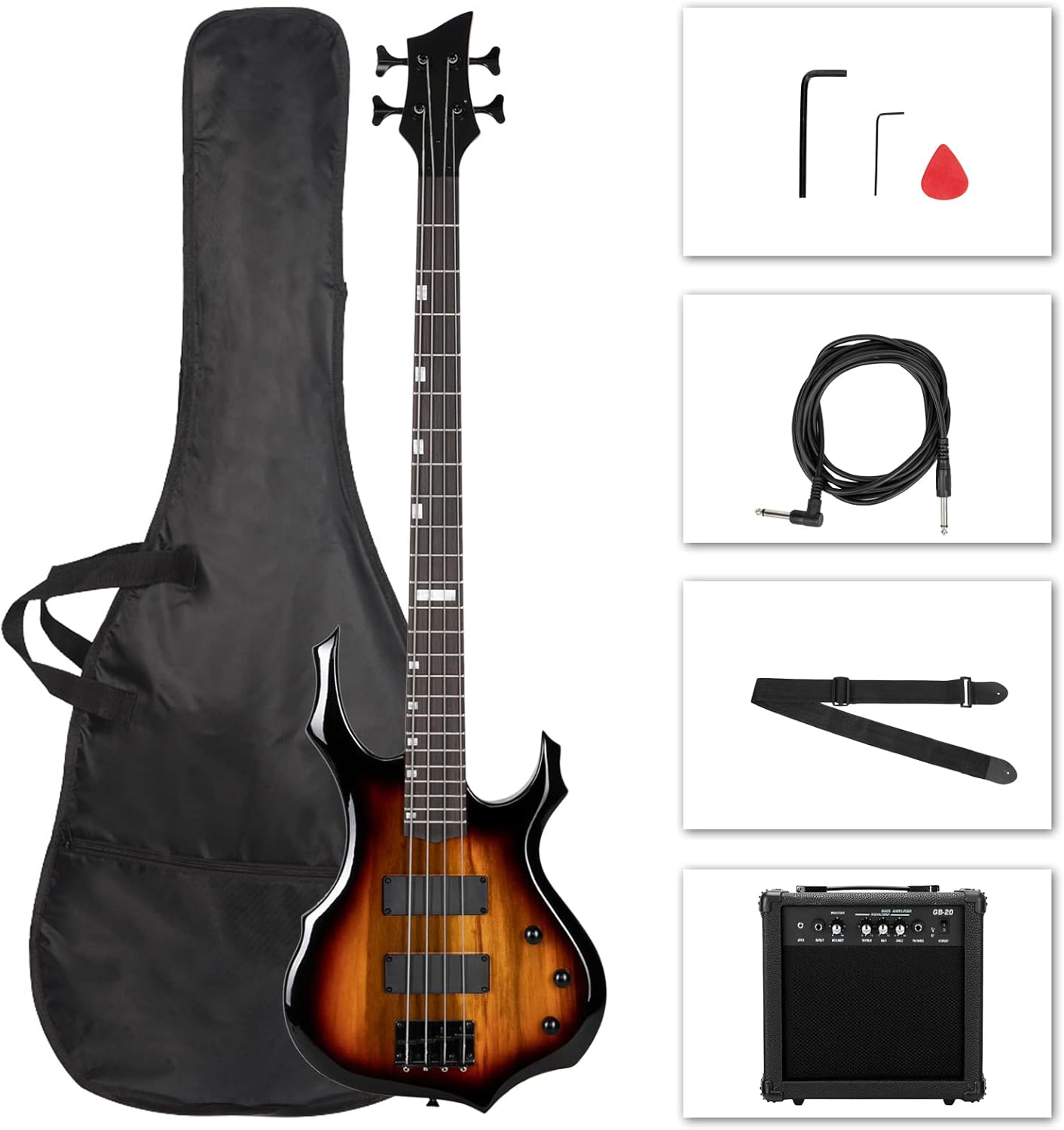 Ktaxon Electric Bass Guitar Full Size Flame Design Bass Set with 20 Watt Amplifier, Portable Bass Bag, Superior Amp Wire, Adjustable Guitar Strap, Plectrum, Wrench Tool(Sunset)