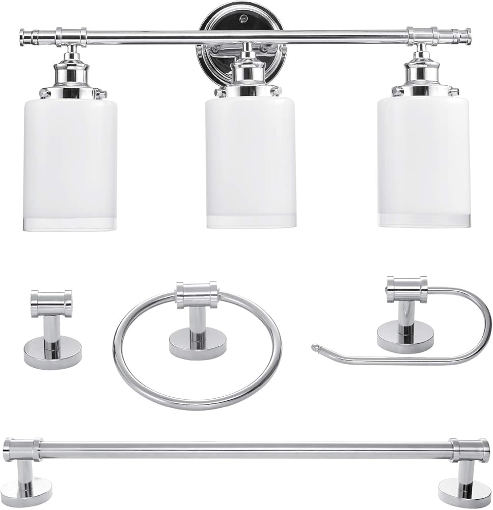 Globe Electric 51414 Freya 5-Piece All-in-One Bathroom Set, 3 Vanity Light with White Shades, Bar, Towel Ring, Robe Hook, Toilet Paper Holder, Chrome with Frosted Glass