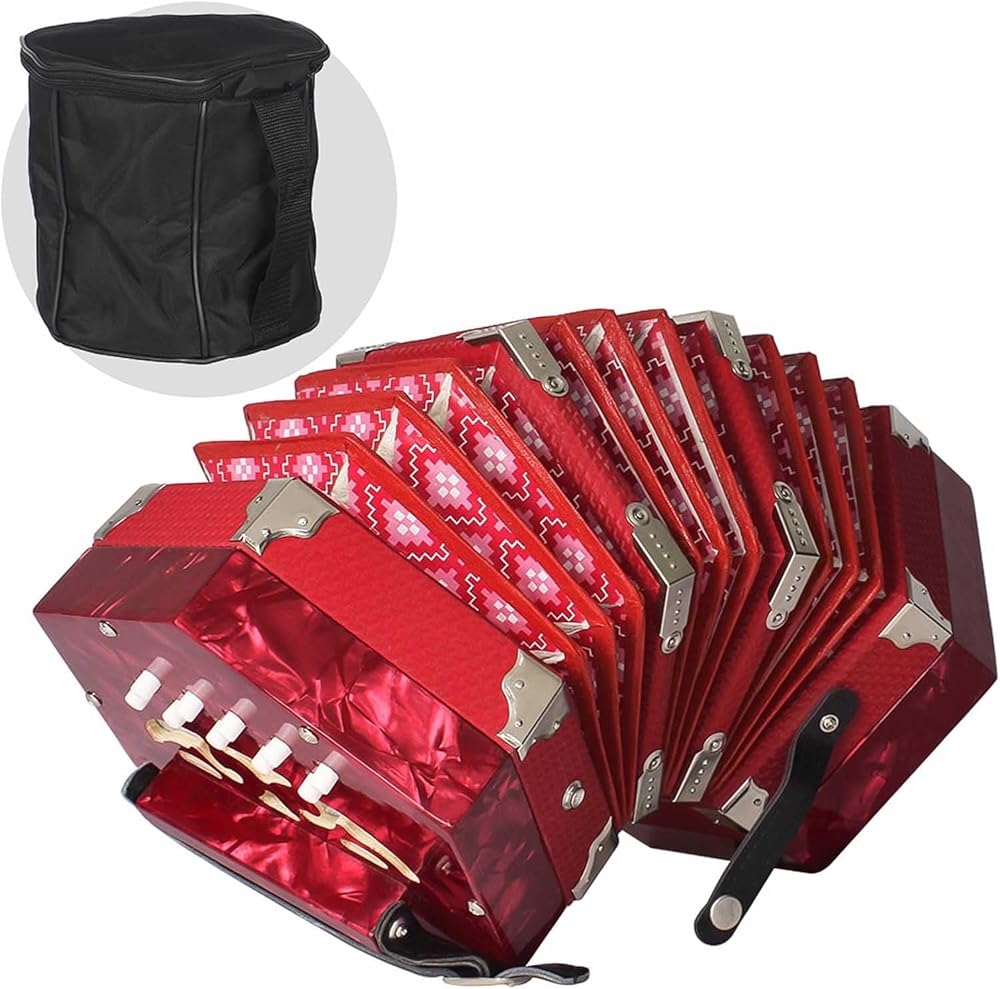 Accordion Acordeon Concertina Acordion Accordion Instrument Anglo-style concertina accordion 20-Button 40-Reed Anglo Style with Carrying Bag Leather Hand Strap Red Pine Red