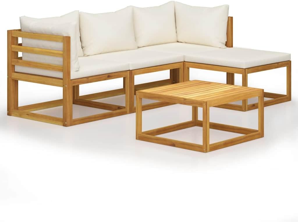 5 Piece Garden Lounge Set, Natural Acacia Wood, Oiled Finish, Cream Cushions, 54.3x81.1x23.6 inch, Outdoor Patio Furniture for Balcony, Terrace
