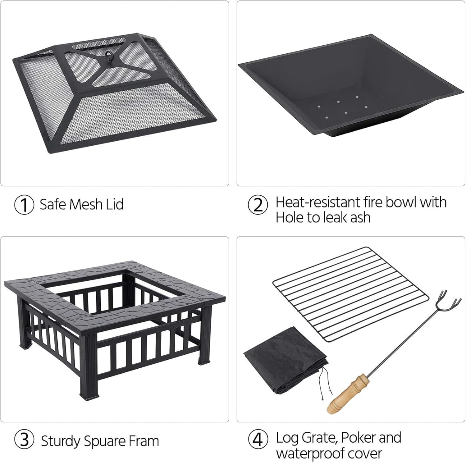 Fire Pit 32'' Wood Burning Firepit Metal Square Outdoor Fire Tables SteelFire Pit Bowl with Spark Screen Cover, Poker Log Grate for Patio Bonfire Camping Backyard Garden Picnic