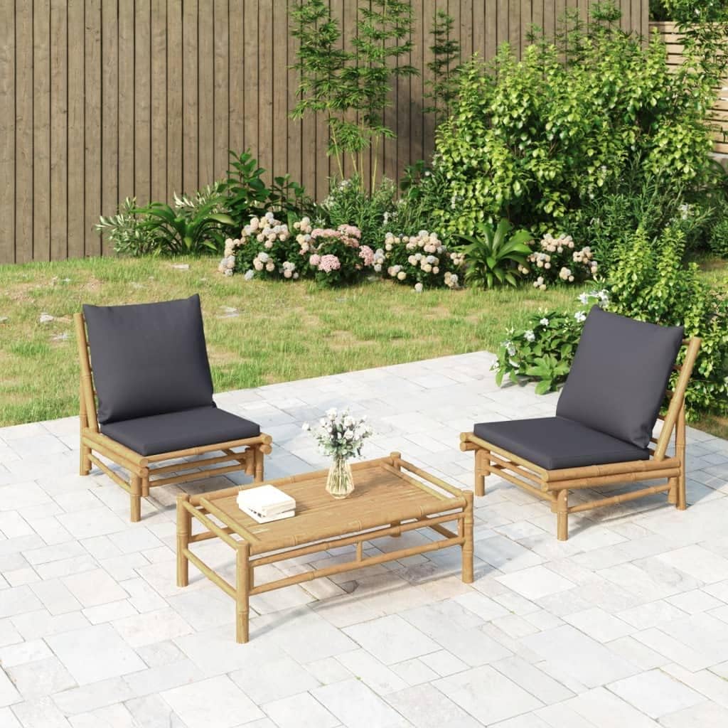 3 Piece Patio Lounge Set with Dark Gray Cushions Bamboo,Rustic Bamboo Patio Lounge Set: Comfort and Style for Your Outdoor, Furniture Sets for Patio, Lawn & Garden
