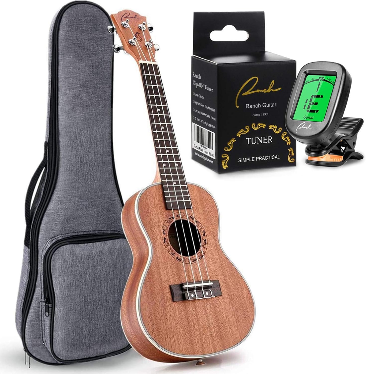 Ranch Left Handed Concert Ukulele 23 inch Professional Wooden Ukelele Instrument with Padded Gig Bag - Clip On Tuner for Acoustic Electric Guitar Ukulele Violin Bass Banjo Chromatic - Classical Black