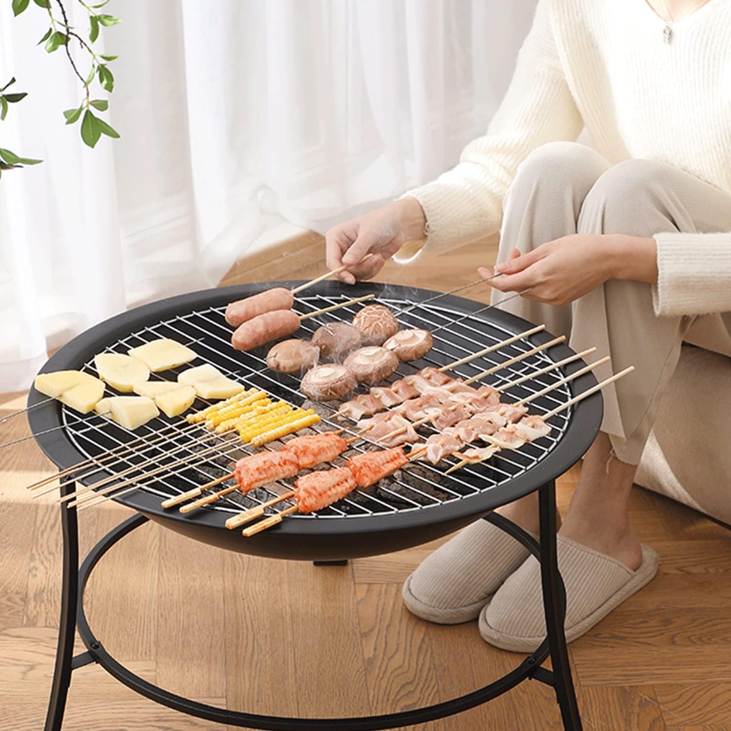 Indoor Fire Pit with Grill, Camping Stove, Large 56cm Garden Firepit, Outdoor Portable Brazier for Patio Heater Camping Bowl with Lid & Poker, Wood & Coal Burning