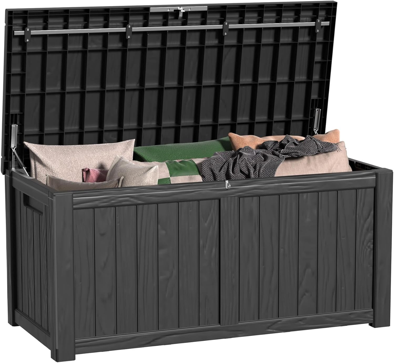 150 Gallon Outdoor Deck Box,Storage Lockable Waterproof Patio Furniture,Garden Tools,Cushions,Pool Accessories Outside Storage Resin Box(Black)