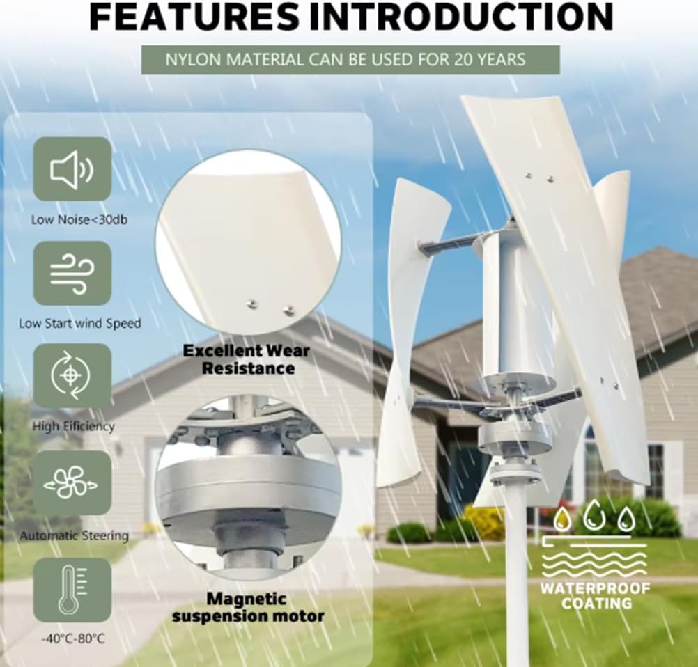 3000W Wind Turbine Generator Kit, 12V 24V 48V 220V 3 Blade Vertical And Noiseless Wind Power Generator Kit for Home, Monitoring, Street Lighting,24v