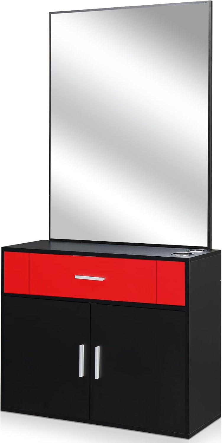 Professional Wall Mounted Hair Styling Station with Mirror, Salon Shelf Cabinet for Tools, Products and Accessories
