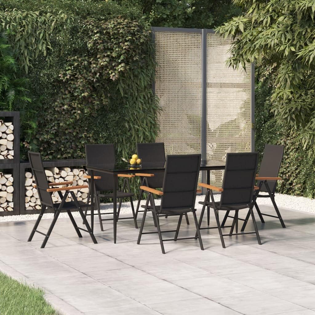 7 Piece Patio Dining Set Black and Brown Poly Rattan,Outdoor Patio Dining Set with 6 Reclining Chairs and Tempered Glass Tabletop Patio Furniture Sets, Outdoor Furniture Sets