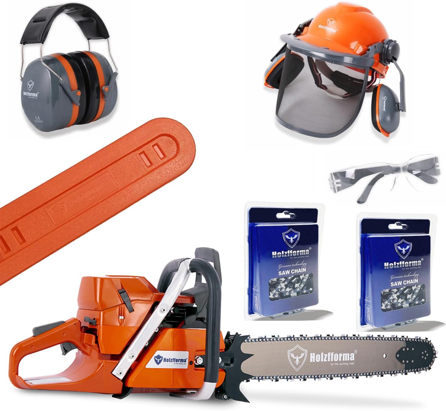 Holzfforma 71CC G372 Chainsaw Power Head with 28inch Guide Bar Standard Ripping Skip Saw Chain Cover Scabbard Headband Padded Hearing Protector Helmet Protective Hard Hat Glasses