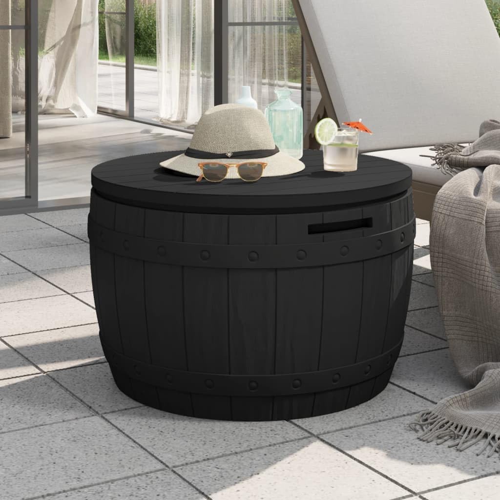 3-in-1 Patio Storage Box with Seat and Table, Black Polypropylene Outdoor Furniture, Waterproof Garden Storage Bench for Deck, Yard, 33.5 Gallon, Holds 165 lbs, Wood Texture Design