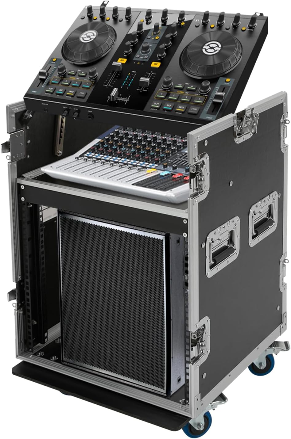 10U PA DJ Rack, 2 Tier Heavy Duty Pro DJ Mixer Stand, Audio Rack Rolling Equipment Rack Cabinet With 4 Wheels for Storing Electronic Equipment Such As Amplifiers, Mixers, Microphones, Sequencers Etc