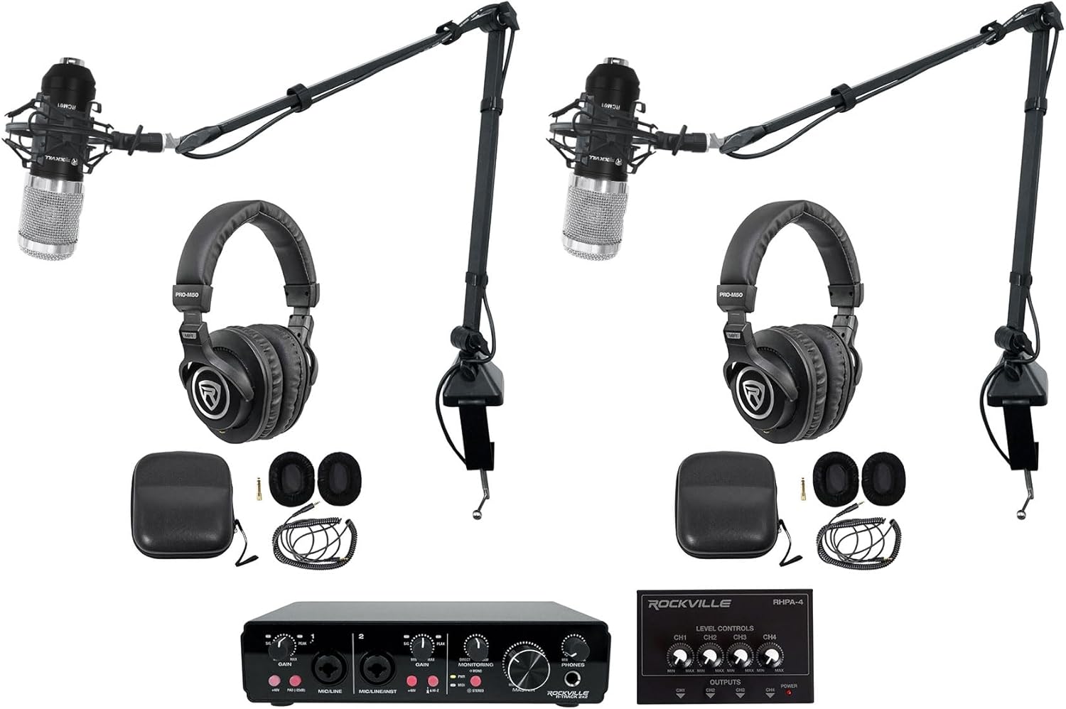 Rockville R-TRACK 2x2 Bundle: USB audio interface 24 Bit 192 kHz, (2) RCM01 microphones w/mounts, (2) PRO-M50 headphones, (2) R-BOOM 34 Mic Stand, RHPA4 4-ch headphone amplifier, TRS cable, 9-items