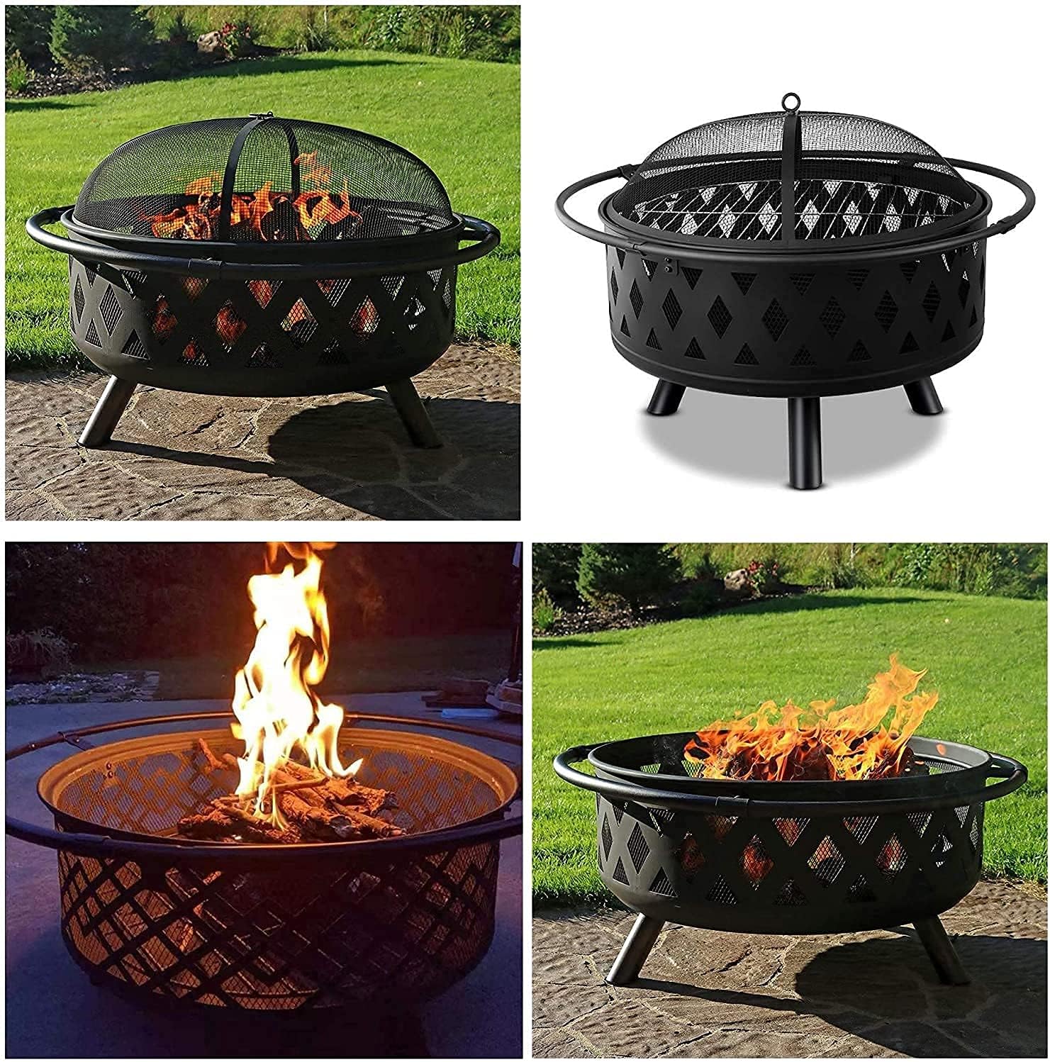 32 Inch Large Fire Pit, Crossweave Outdoor Fire Pit Round Fire Pit with Grid Poker Patio Bonfire BBQ Grill Firepit for Backyard Garden Camping