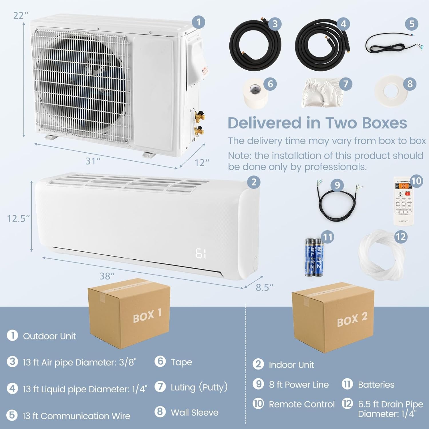 KOTEK 18000 BTU Mini Split AC/Heating System, Energy Star 21 SEER2 Inverter Ductless AC Unit, Cool Up to 1250 Sq.Ft, Air Conditioner w/1.5 Ton Heat Pump/Installation Kit(18000 BTU, 208-230V, 21 SEER2)