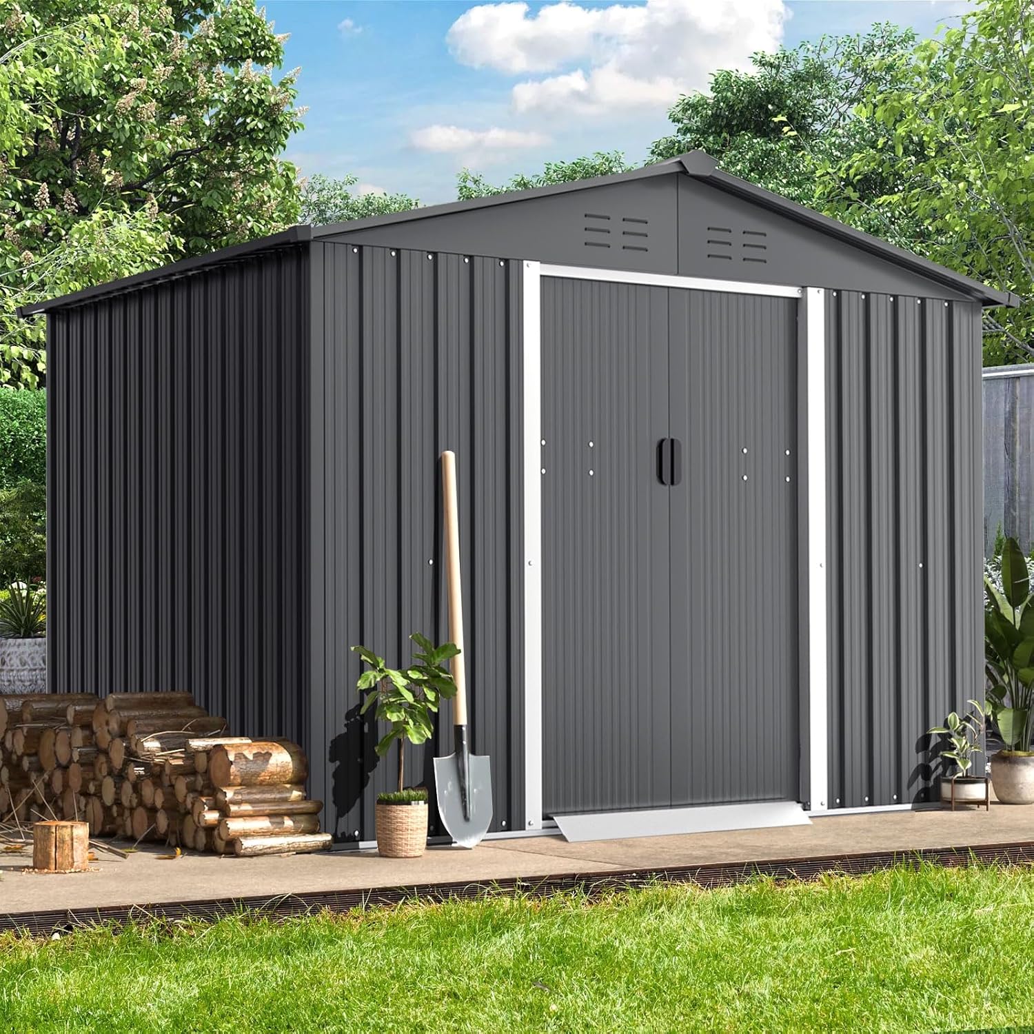 6x8 FT Outdoor Metal Storage Shed, Galvanised Steel Garden Shed with Lockable Doors, Waterproof Shed for Bike Storage, Tool Storage, Temporary Storage (Grey)