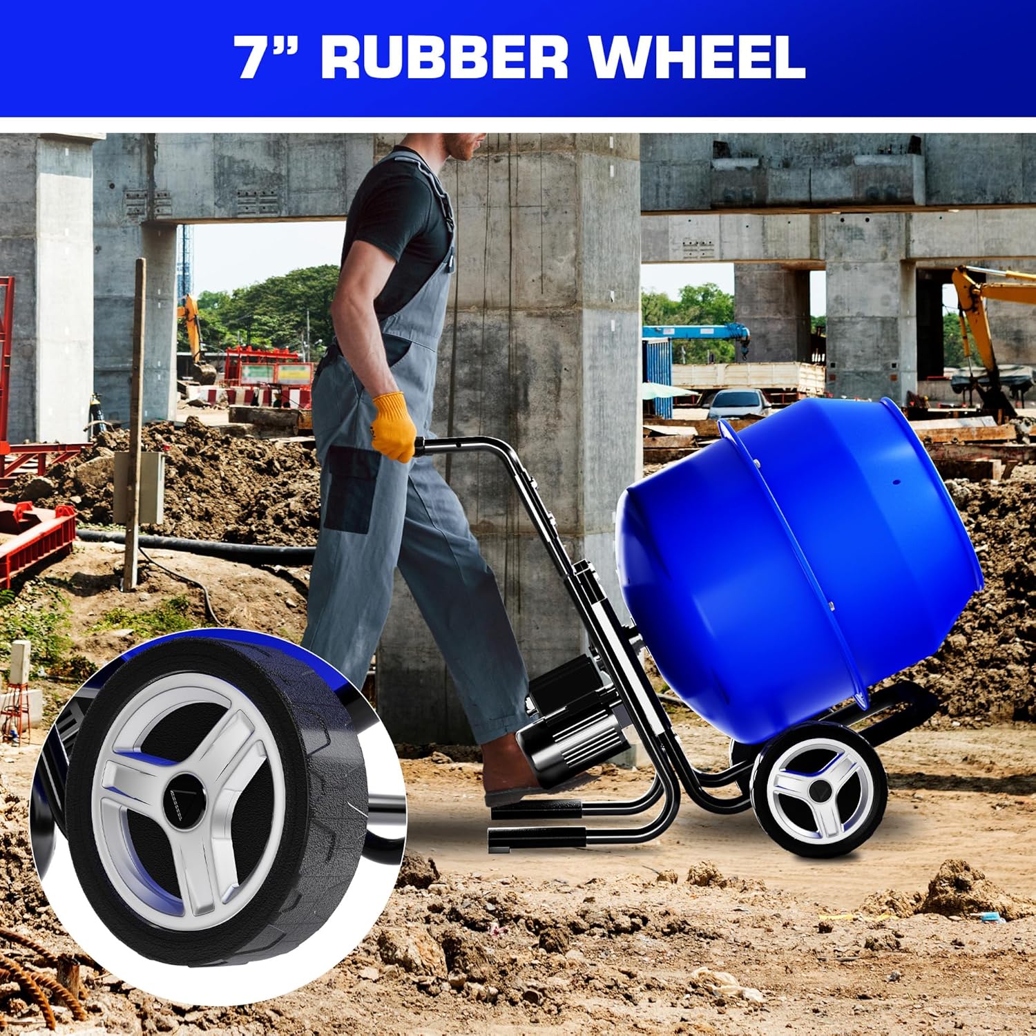 Electric Concrete Mixer, 5.3 Cubic Ft, 1HP. 750W Portable Electric Poly Drum Concrete Mixer, Heavy Duty Power Cement Mixing Machine for Mortar, Stucco and Fodder