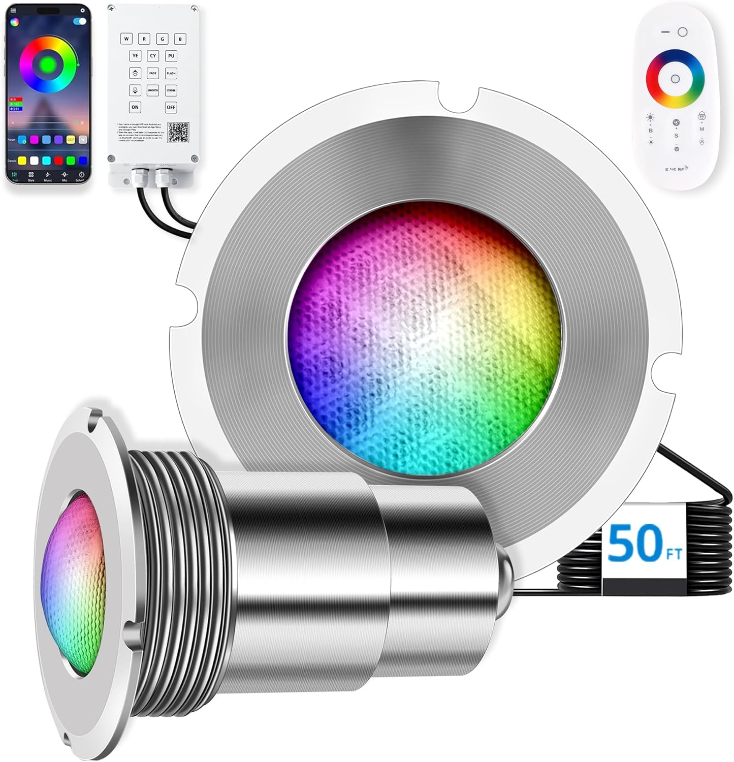 1.5 Inch LED RGBW Multicolor Inground Pool Light and Spa Light, IP68 Waterproof, AC 120V, 50ft Cable with Controller, APP & Remote Control