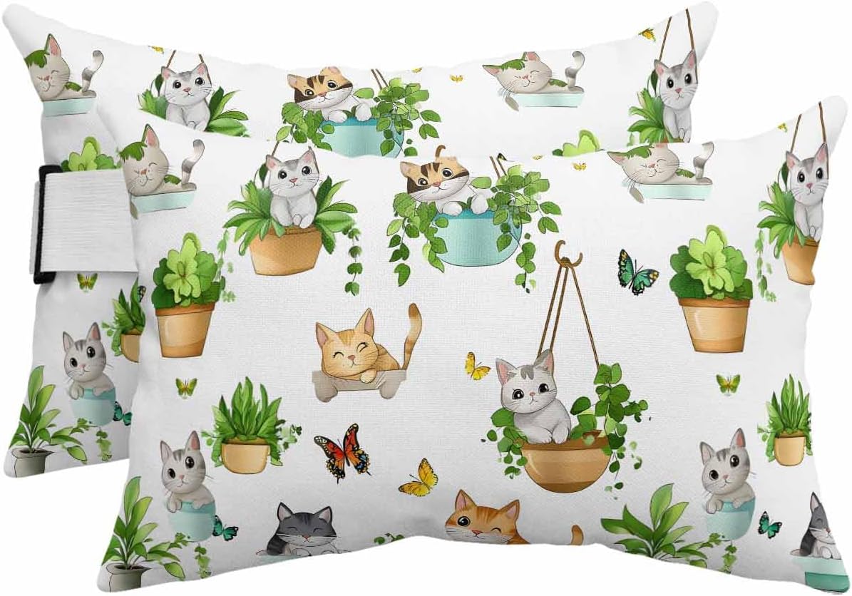 Outdoor Pillow for Chaise Lounge Chair Cat Butterfly Waterproof Lumbar Pillow with Insert Green Plant Headrest Pillow with Adjustable Elastic Stripe for Recliner Beach Garden Patio 12x20 Inch