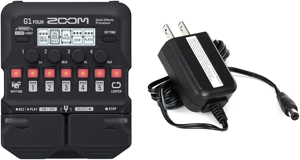 Zoom G1 FOUR Guitar Multi-Effects Pedal with 60+ Effects, Amp Modeling, Looper, Rhythm Section, Tuner and Zoom AD-16 9V AC Power Adapter