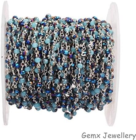 two-tone blue chalcedony gemstone faceted beads, 3-4 mm rondelle beads, silver plated chain, wire wrapped beaded chain. (hrcs-35)