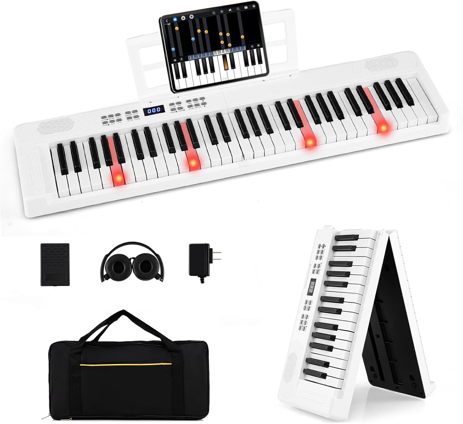 Costzon 61 Key Folding Piano Keyboard, Electric Digital Piano Keyboard with Lighted Keys, MIDI, Headphones, Sustain Pedal & Carrying Bag, Portable Keyboard Piano for Beginners Adults (White)