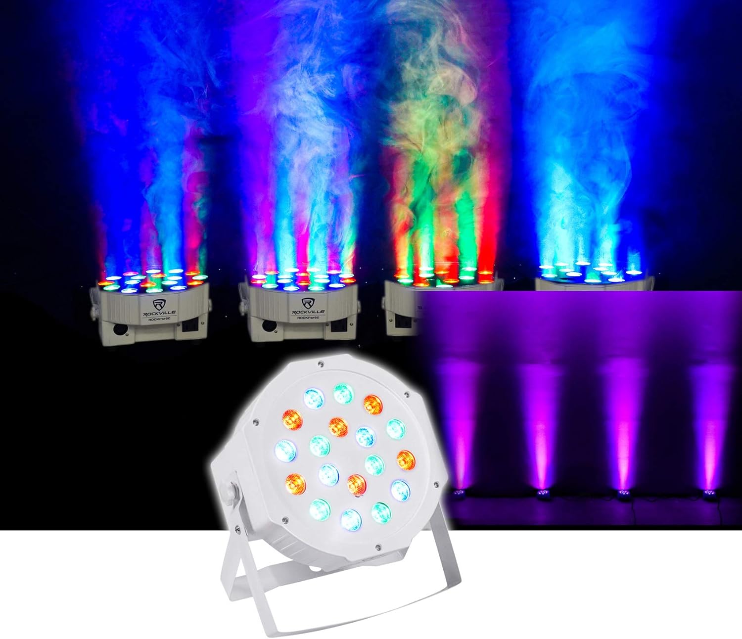 Rockville RockPAR50 WHT Bundle: (24) LED RGB Par Can DMX Wash Lights-White, ROCKFORCE 384-Channel DMX Controller w/MIDI, RDX3M25 25ft & (23) RDX3M10 10ft DMX Lighting Cables, 49-Items