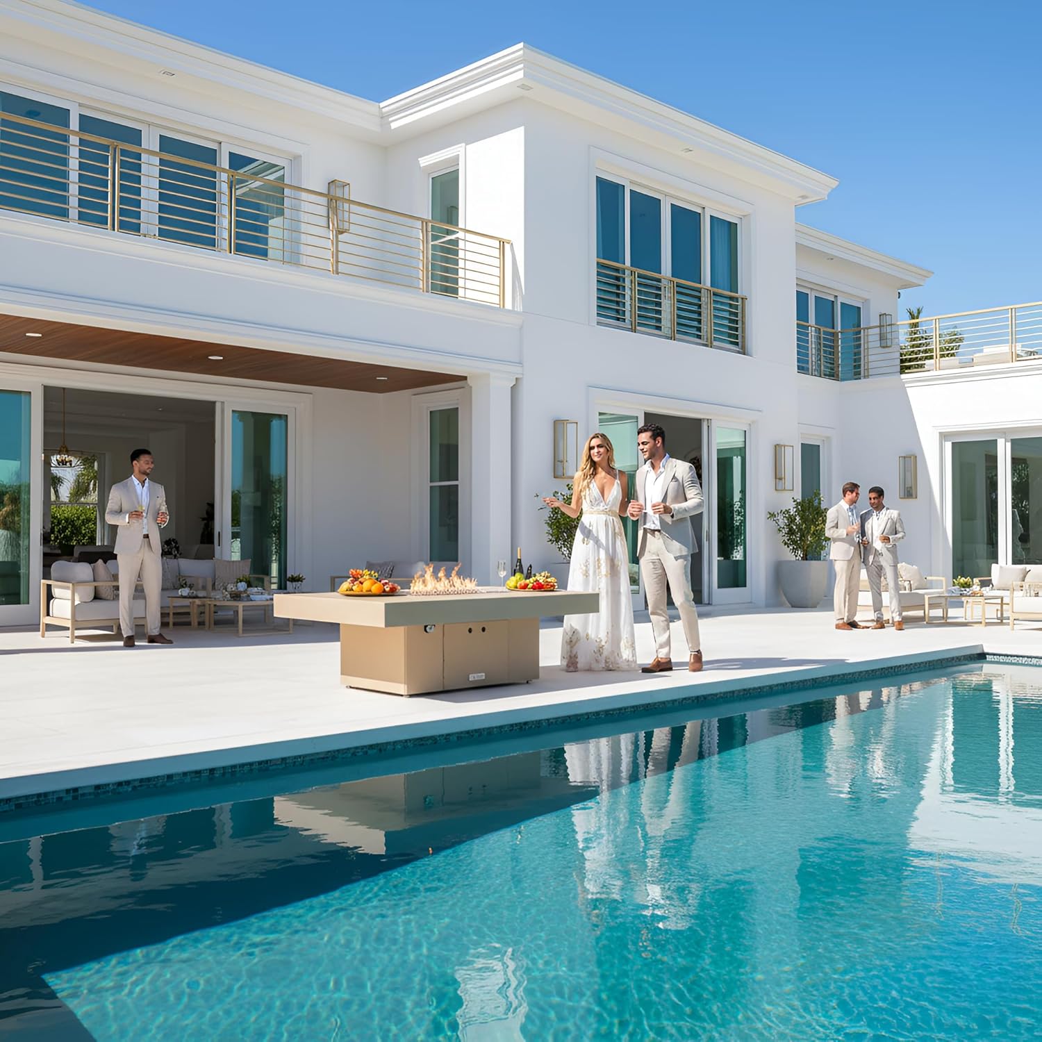 COOKE Santa Barbara 48 x 36 Rectangular Fire Pit Table - Beige Powdercoat Aluminum Top - Propane (Beige Powdercoat Base)