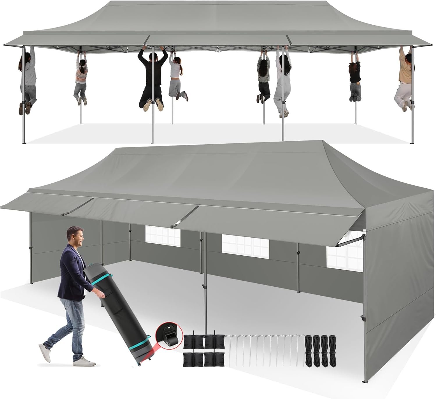 COBIZI 10x30 Pop Up Canopy Tent with Awning,Heavy Duty Canopy UPF 50+ All Season Wind Waterproof Commercial Outdoor Street Vendors Party Tents for Parties Canopy with Roller Bag(10 x 30 ft Gray)