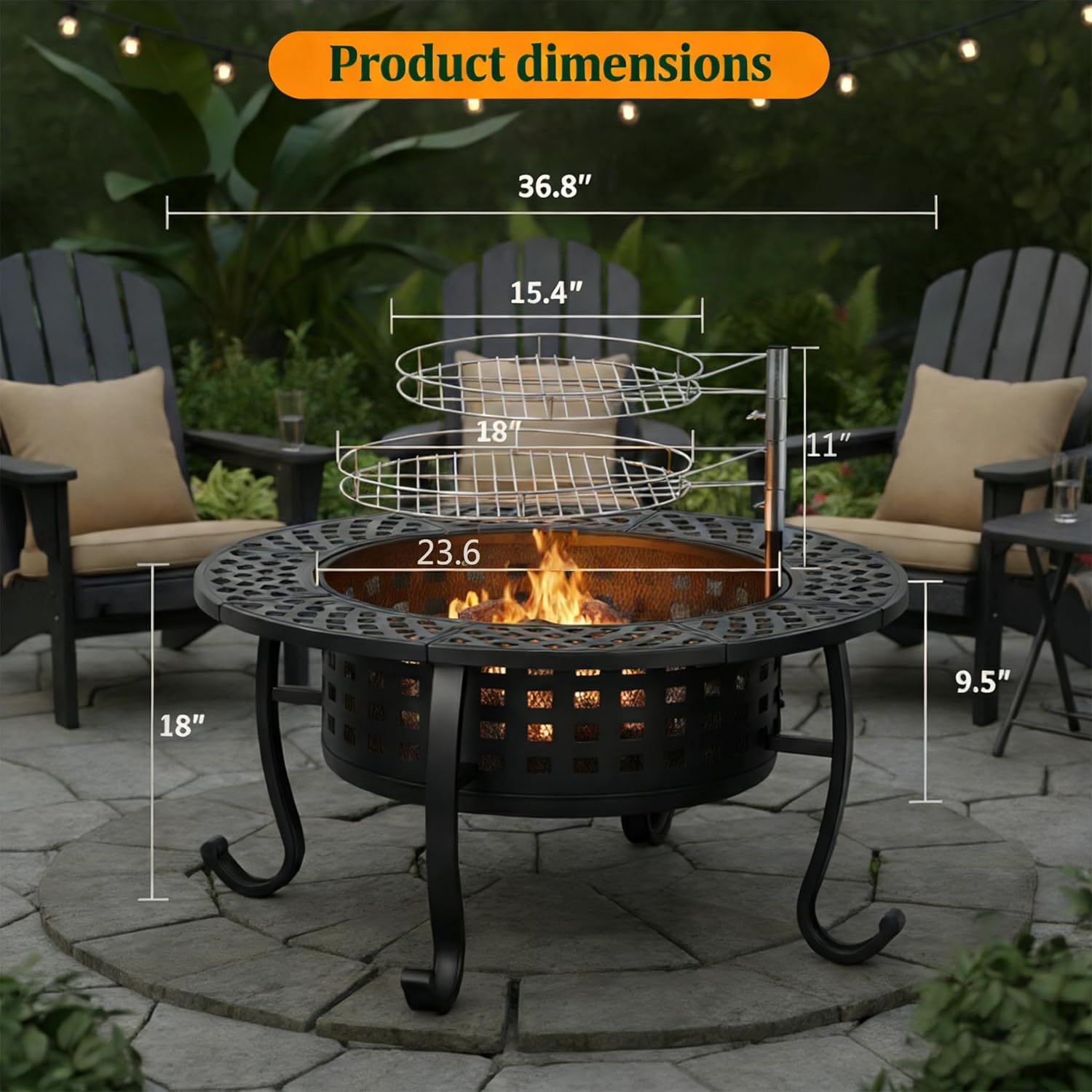 Dkelincs 36 Inch 3-in-1 Fire Pit Table, Wood Burning Outdoor Fire Pit with Rotating Grill & Lid for BBQ, Bonfire, Patio (Black)