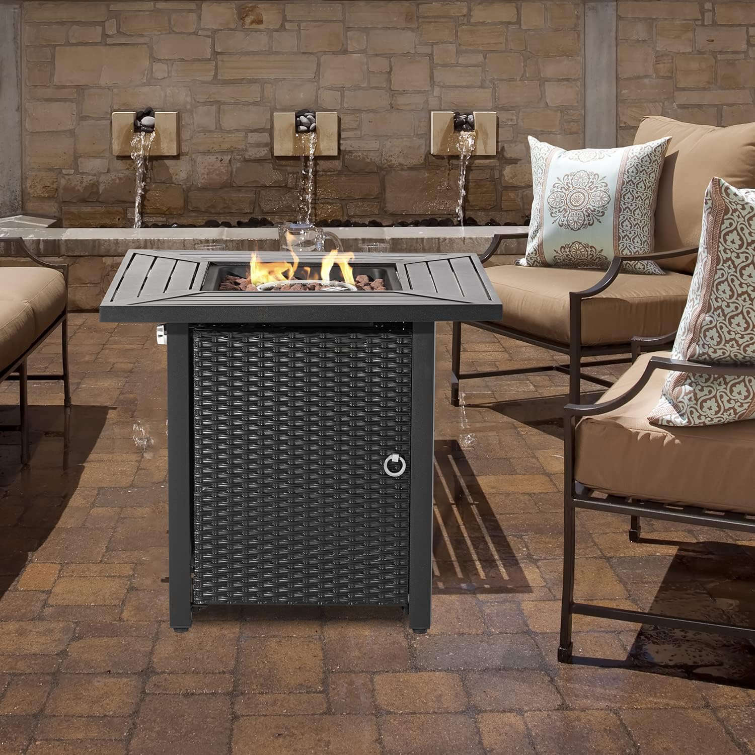 Outdoor Propane Fire Pit Table, 31 Inch 40,000BTU Black Brown Square Iron Gas Fire Table w Lid, Lava Rocks, Cover