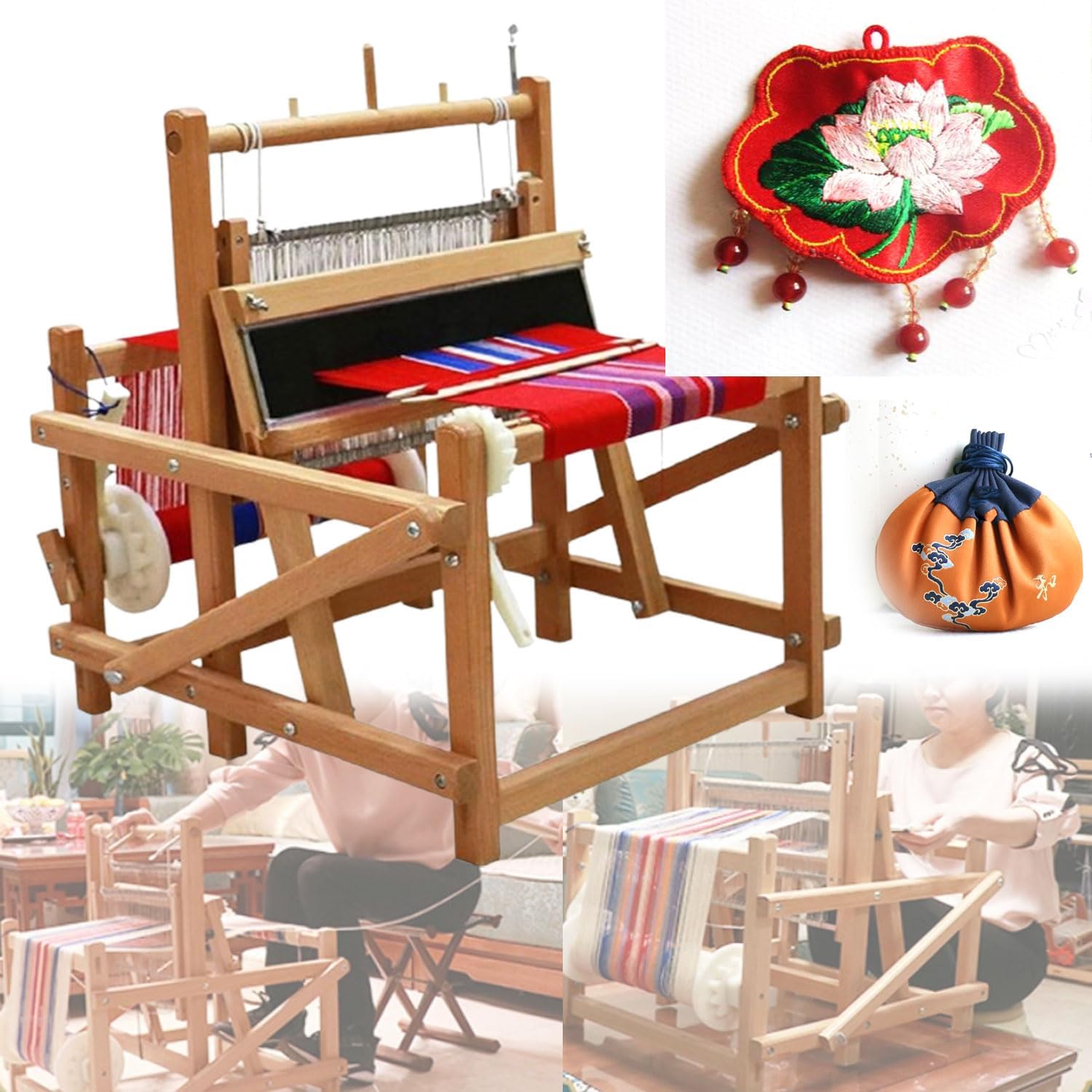 Foldable Multi-Craft Weaving Loom, Wooden DIY Hand-Knitting Weaving Machine, Weaving Width Limit 30cm, Density Of The Fabric Adjustable, Art Craft Kit with Mixed Yarns, for Beginners, Adults, Amateurs