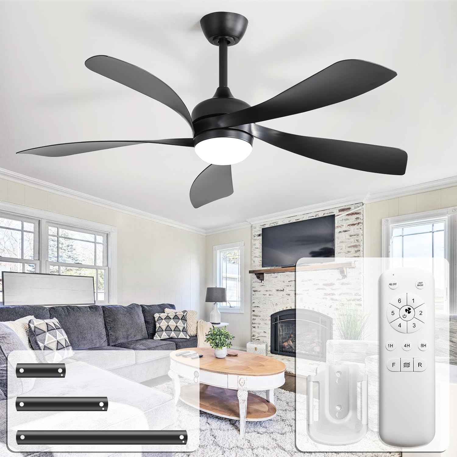 CACI Mall 52 inch Black Ceiling Fans with Lights, Remote Control, Low Profile, Modern Ceiling Fan with 5 Blades, Quiet Reversible DC Motor for Living Room, Bedroom, Patios