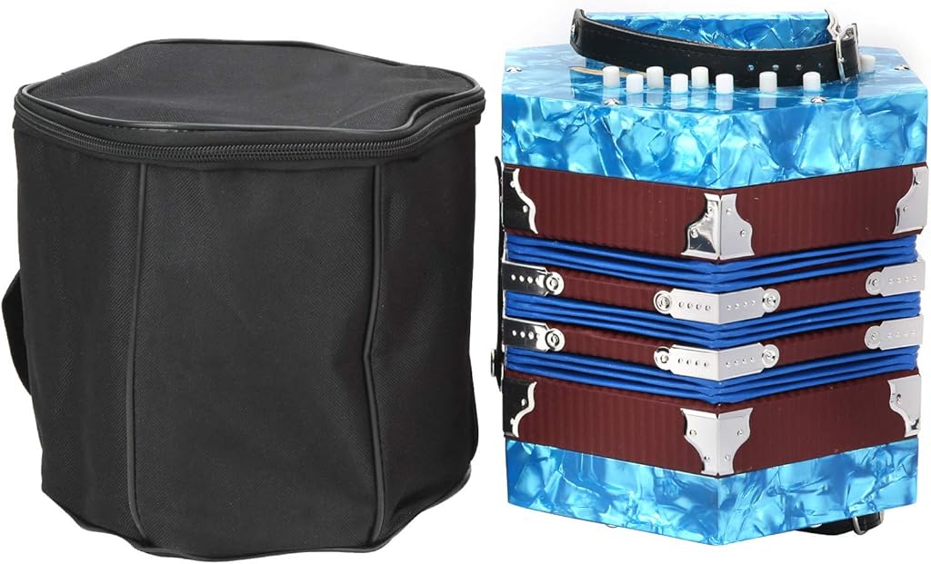 Mini 17 - Key Anglo Concertina Accordion for Adults and Beginners, Blue Portable Wooden Squeeze Box - Adjustable Strap, Lightweight, for Zydeco and Folk Music (Blue)