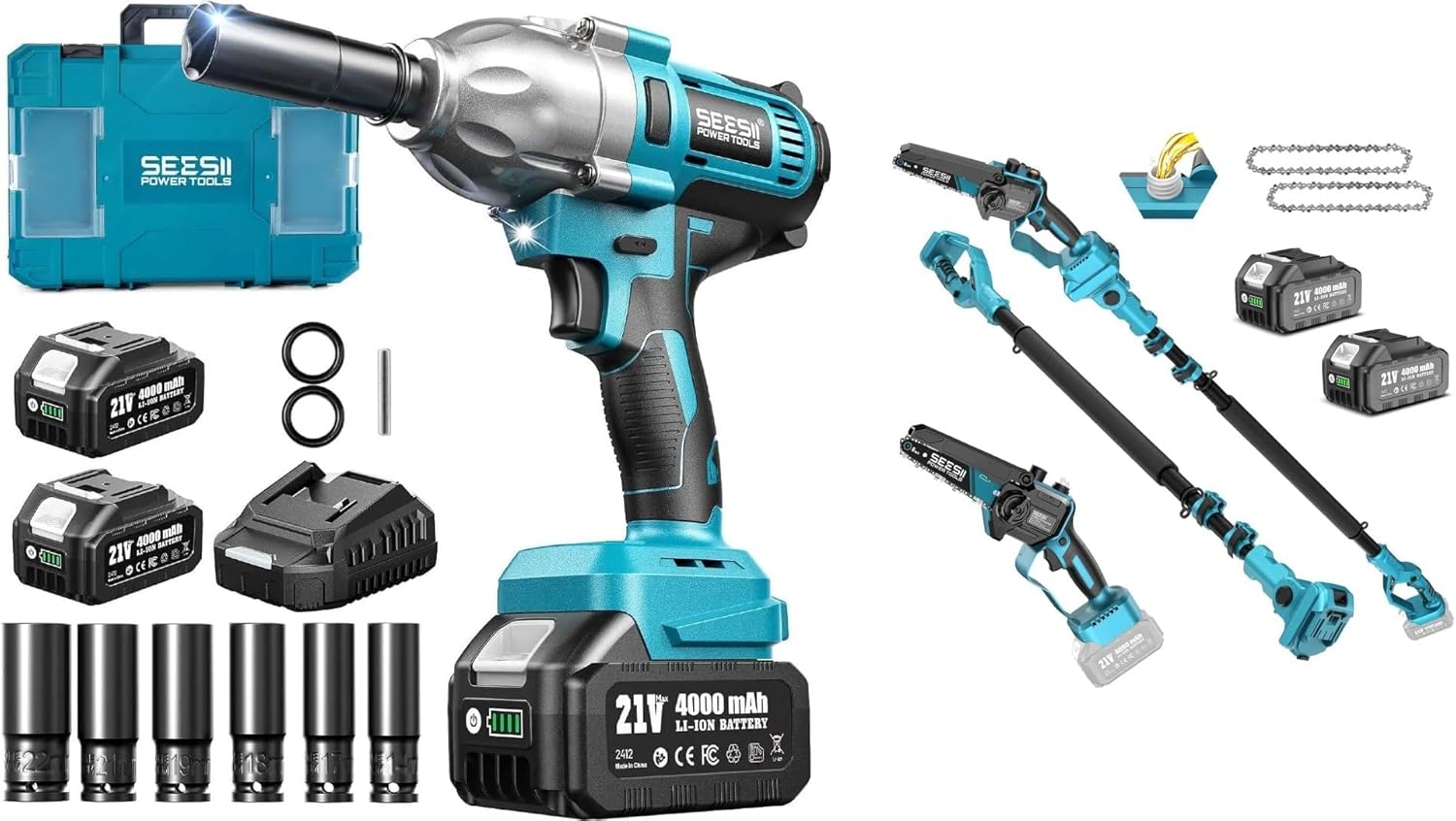 Seesii Impact Wrench 665 FT-LBS 3300IPM 1/2 Impact Gun High Torque & 2-in-1 Cordless Pole Saws