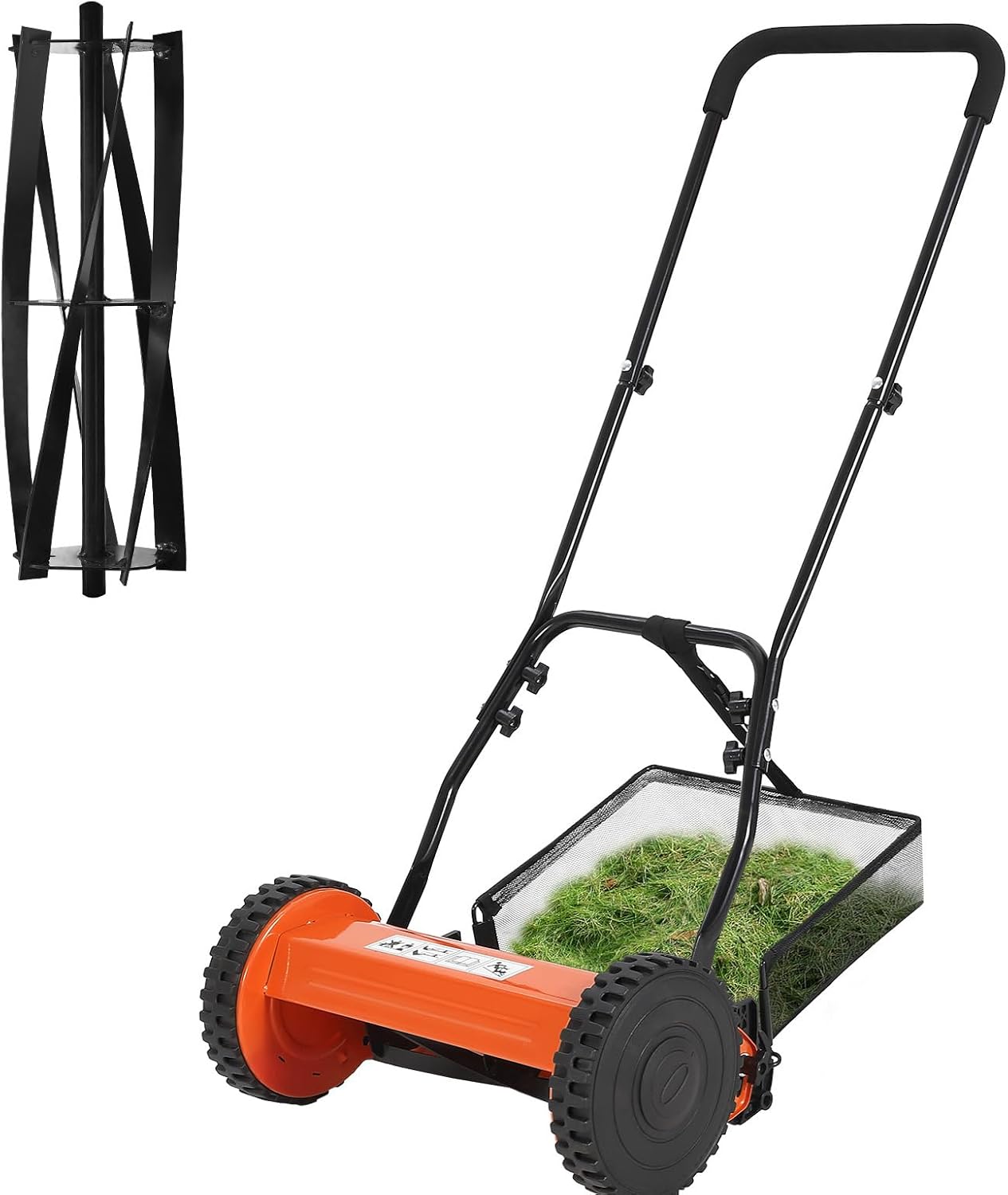 14 Inch 5 Blade Push Reel Lawn Mower, Walk-Behind Manual Lawn Mower with Grass Catcher Bag, 0.6-1.8 Inch Adjustable Cutting Height, Perfect for Lawns, Driveways, Courtyards