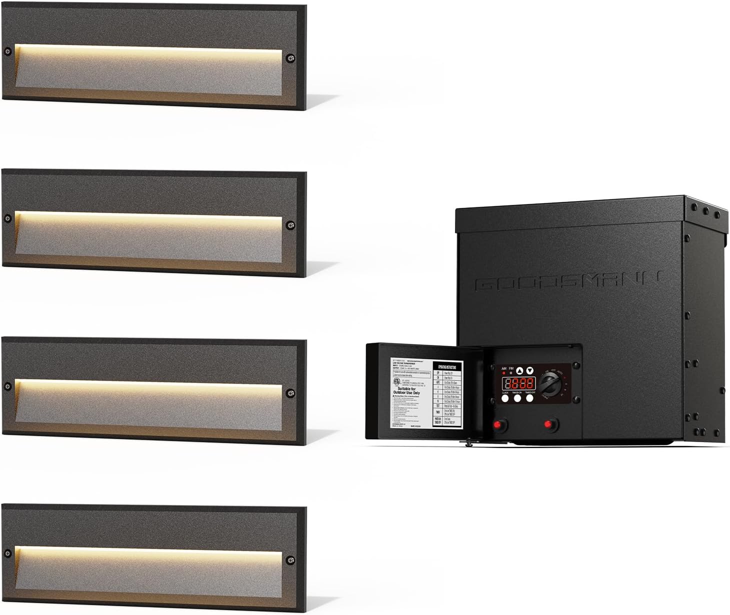 GOODSMANN Low Voltage Step Lights 10.6 Inch Outdoor Landscape Stair Lights Wired 4PK 6W LED Electric Outdoor Deck Lighting Black Metal 122 Lumens 3000K Warm White with 600W Low Voltage Transformer
