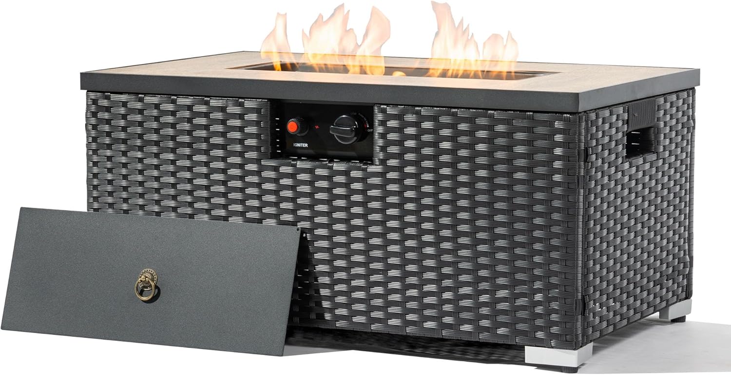 32in Gas Fire Pit Table Set, 50,000 BTU Propane Fire Pit Table Outdoor with Rain Cover, Hideaway Tank Holder Fits 20lb Tank, Gas Fire Pit for Outside w/Ceramic Tabletop and lid, Glass Rocks.