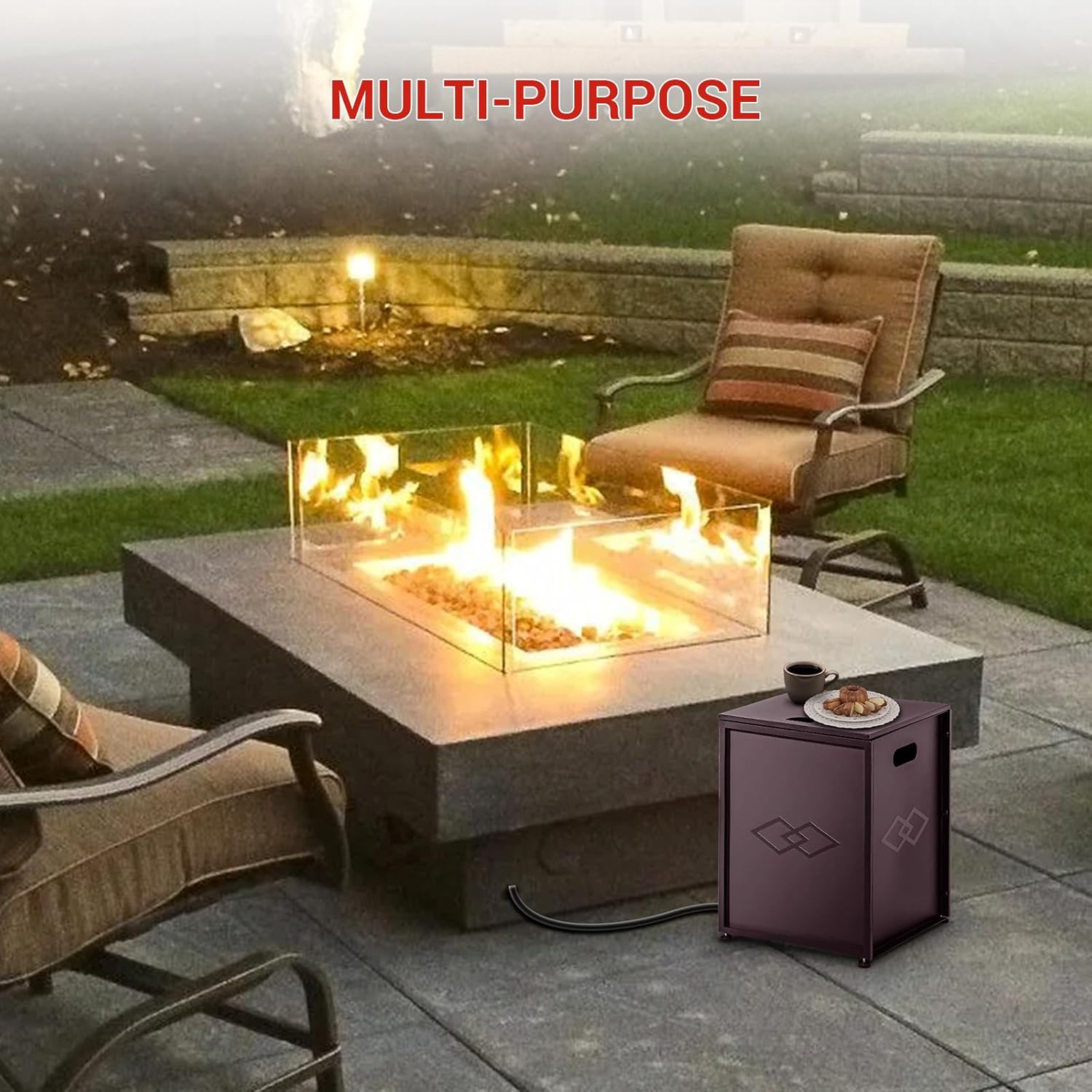 20 lbs Propane Tank Cover Table, Dual-Function Hideaway Side Table with Adjustable Wheels & Lockable Lid, Waterproof Steel Storage for Fire Pit, Patio, Deck, Gas Grill & Griddle