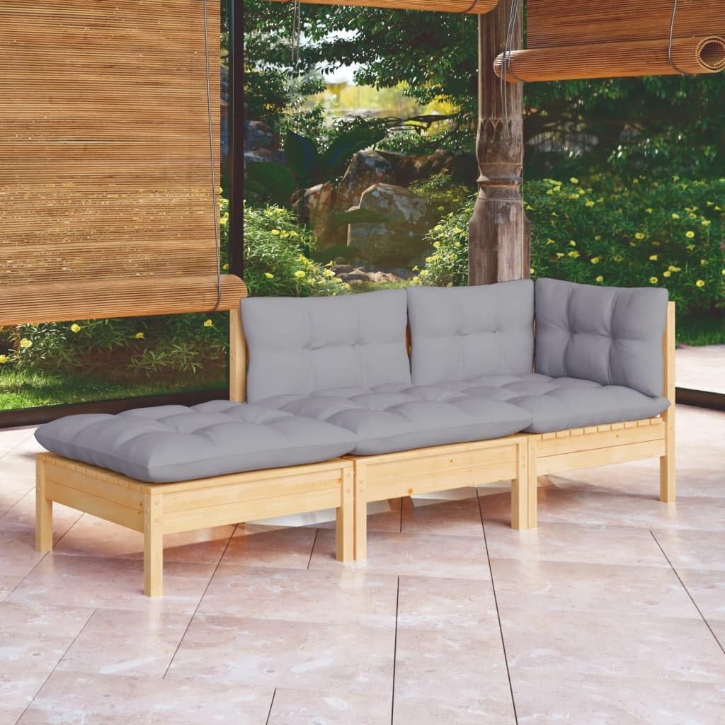 3 Piece Patio Lounge Set with Gray Cushions Solid Pinewood,Pinewood Patio Lounge Set: Modular Outdoor Sofa with Cushions Furniture Sets for Patio, Lawn & Garden