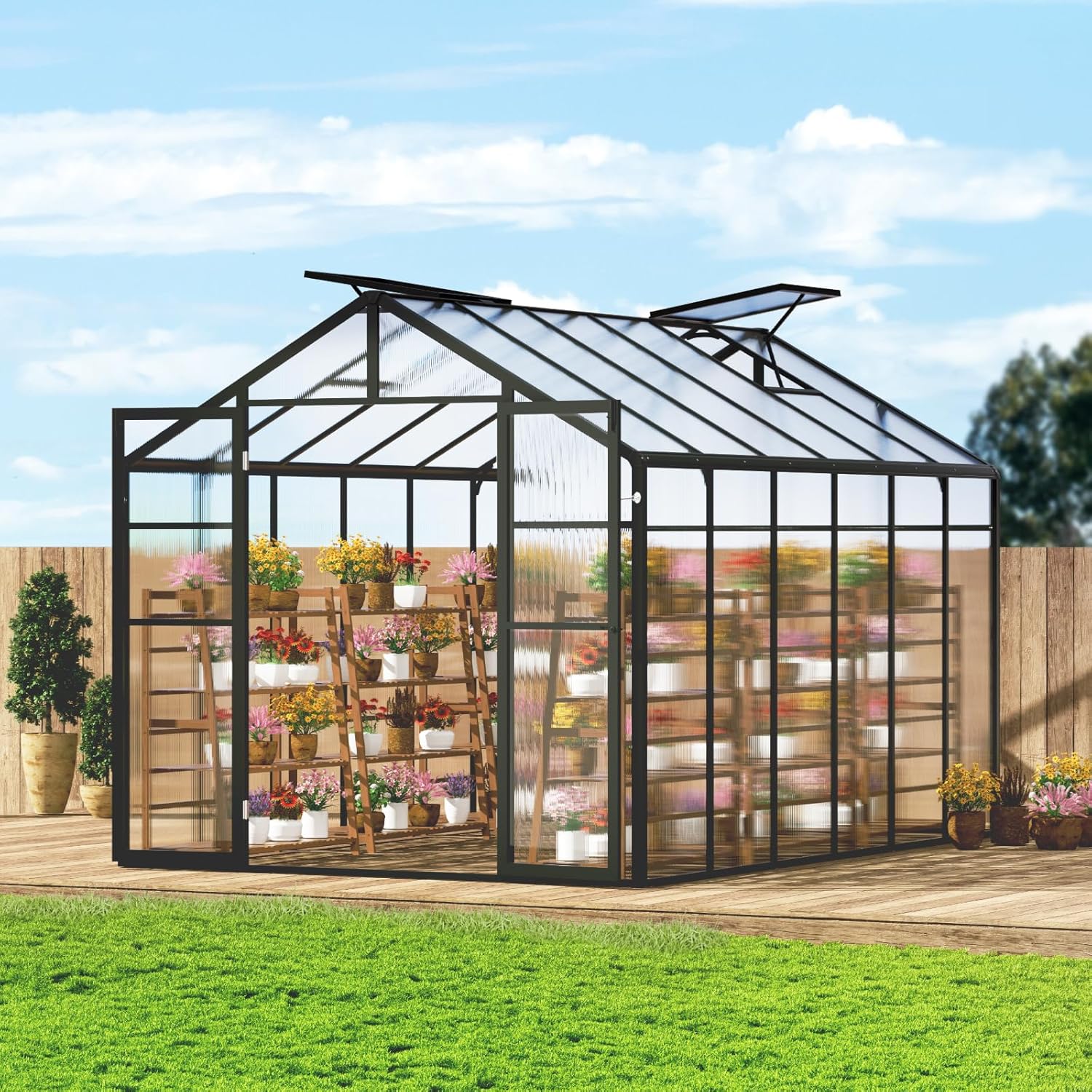 Happybuy Polycarbonate Greenhouse, 8 x 12 Ft, Outdoor Greenhouse with 2 Vent Windows, Pavilion Styled Green House with Hinged Door, Aluminum Large Walk-in Green House Kit for Outside Garden Backyard