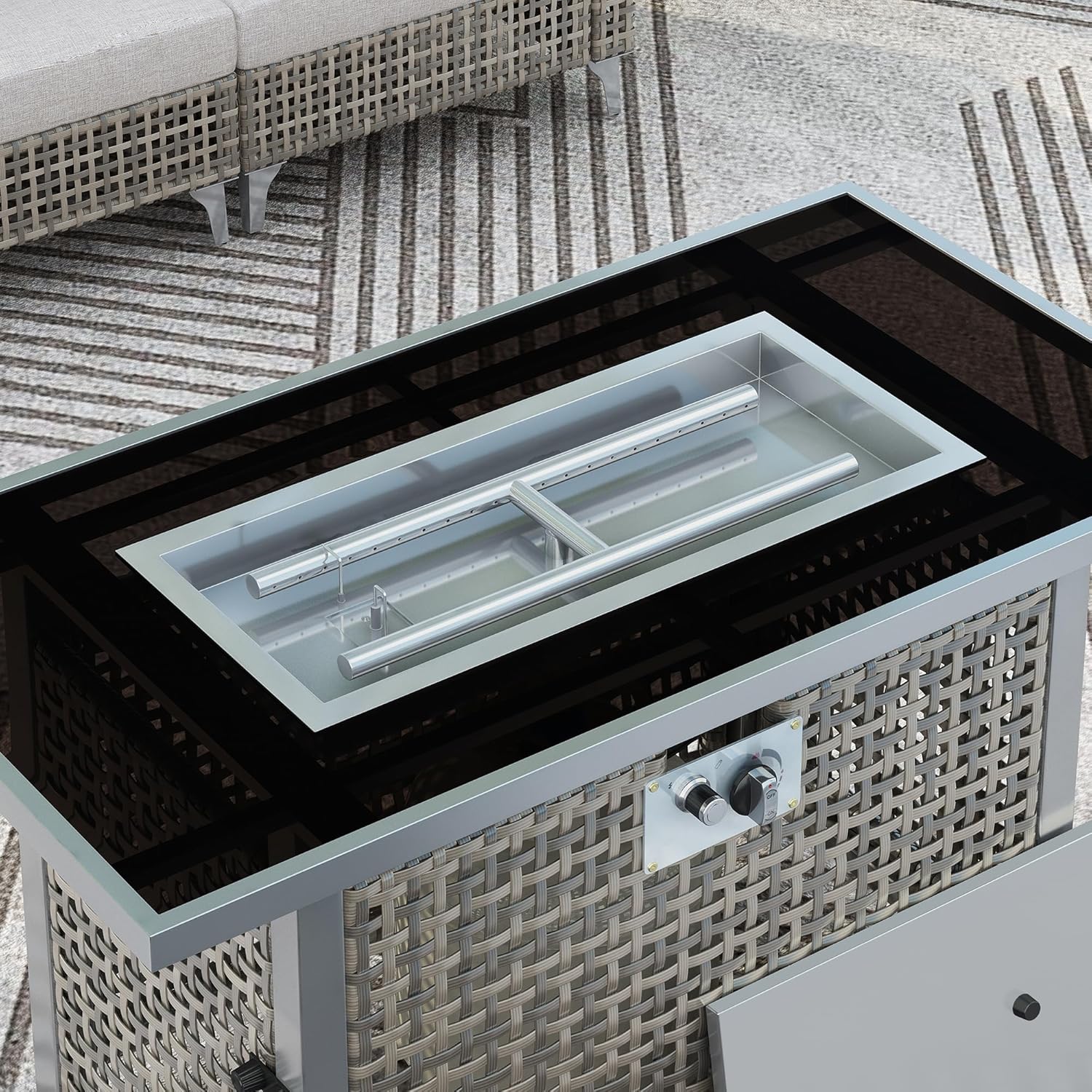 Propane Gas Fire Pit Table 60000BTU 43 inch with Spark Ignition, Tempered Glass Wind Guard, Weather Resistant Wicker - Grey