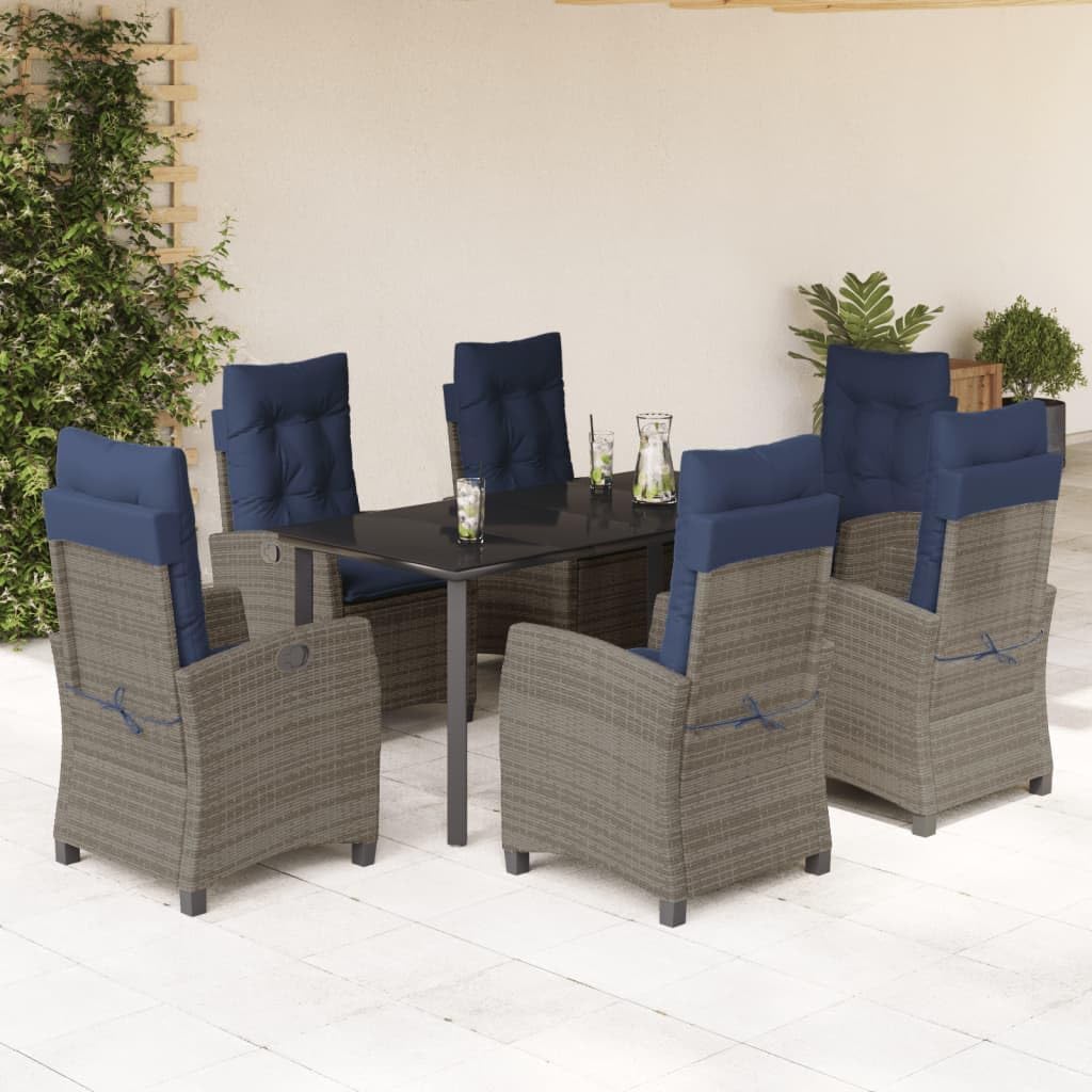 7 Piece Patio Dining Set with Cushions Gray Poly Rattan,Outdoor Dining Set with Adjustable Reclining Chairs and Tempered Glass Top Patio Furniture Sets, Outdoor Furniture Sets