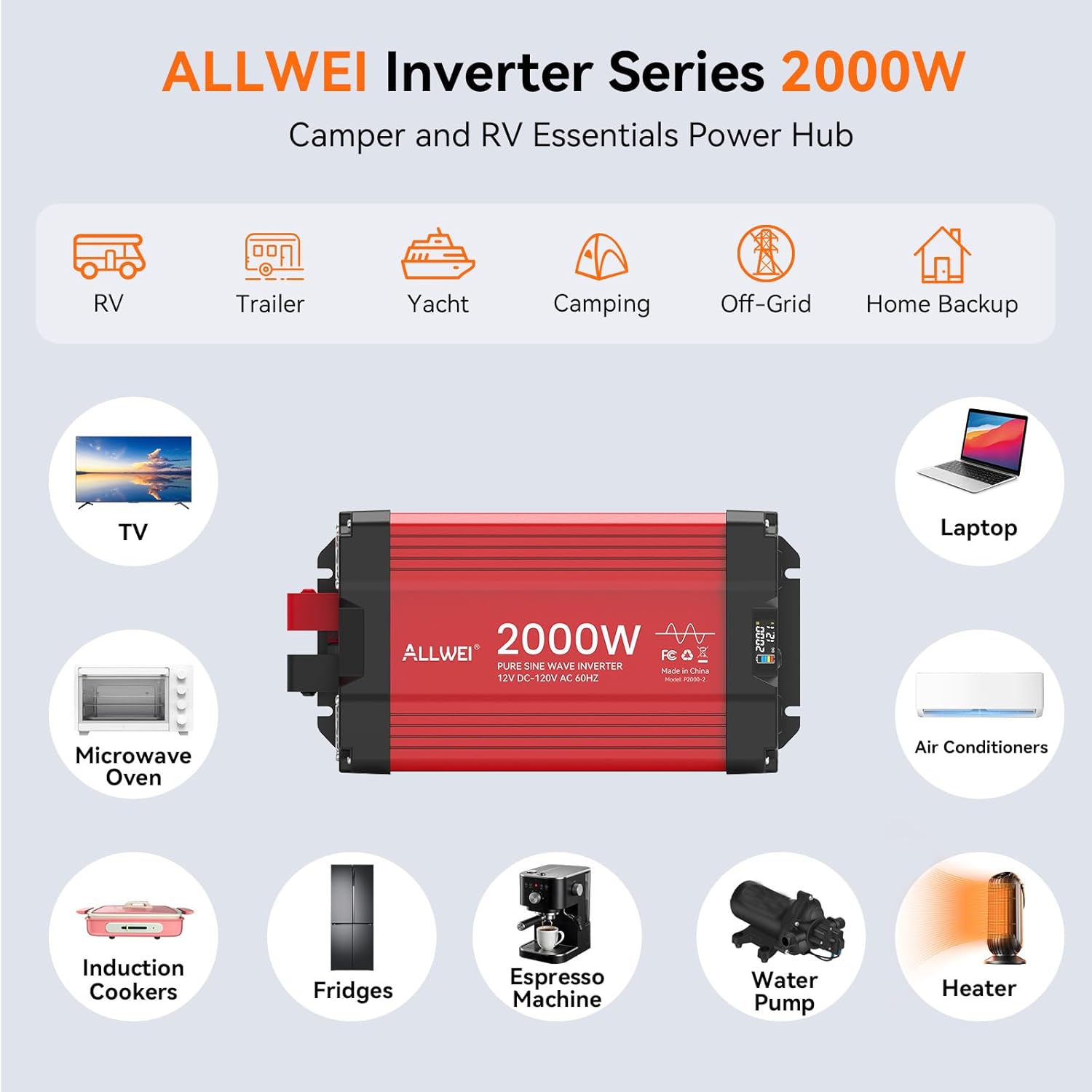 ALLWEI 2000W Pure Sine Wave Inverter 12V DC to 110V/120V AC Converter, Surge 4000W, 2 AC Sockets, LCD Display, Power Inverters for Vehicles, RV Truck Home Solar & Off-Grid Inverter, Remote Controller