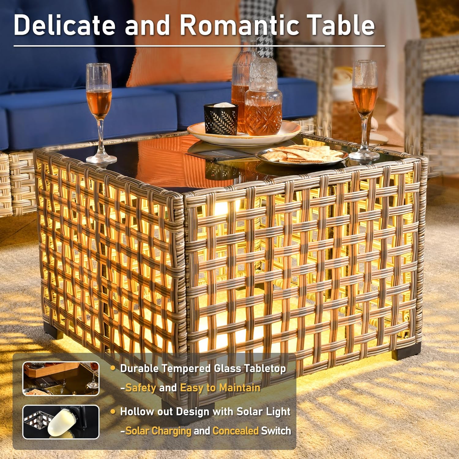 HOOOWOOO Outdoor Sectional Furniture Set with Fire Pit Table,9 Pieces Wicker Patio Conversation Sets,L Shape All Weather Outside Couch Sofa Set with Swivel Chairs Solar Table Ottoman,Charcoal Gray